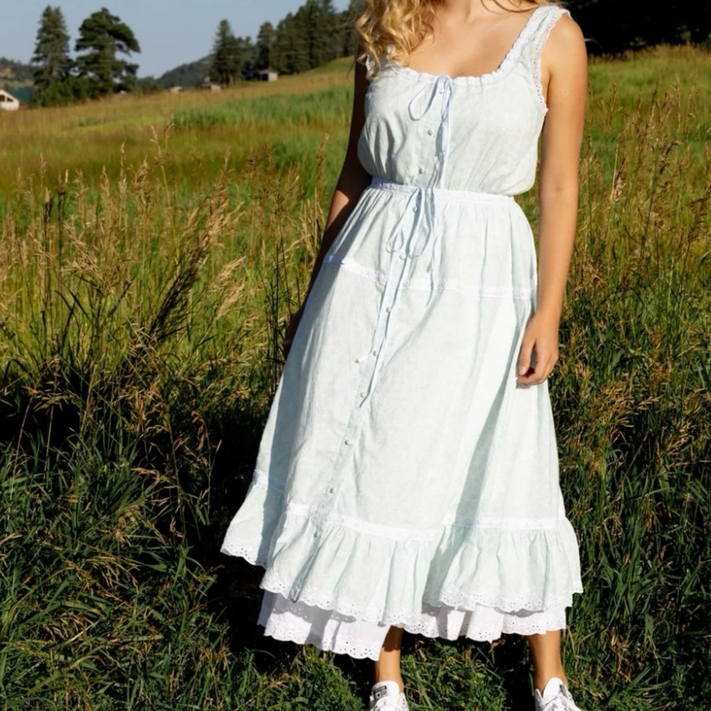 Kitteny soft blue and white lace printed maxi dress